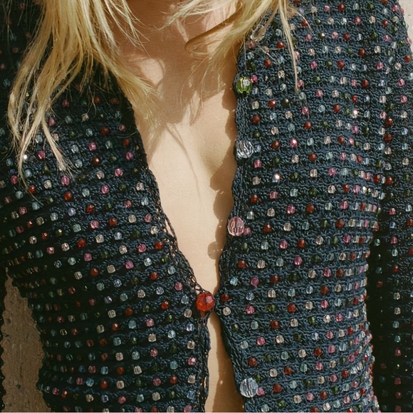 NWOT DÔEN Knit Cotton Navy Hand-Beaded Monterey Cardigan - Picture 4 of 8